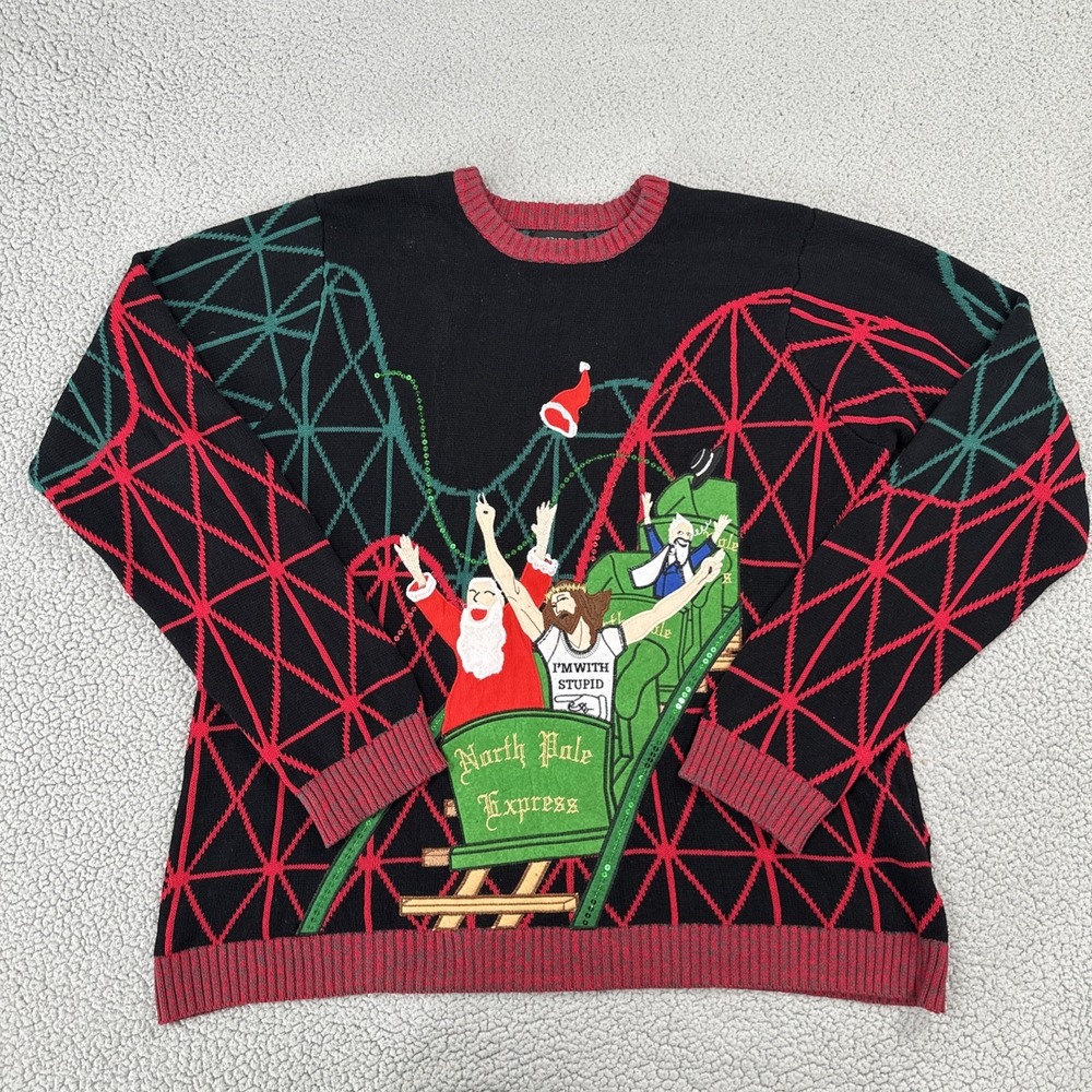 Blizzard Bay Ugly Christmas Sweater Men 2XL Multicolored Santa Jesus Embroidered